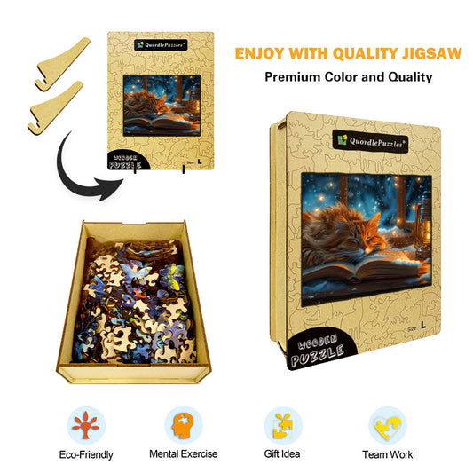 Cozy Cat on a Book Wooden Jigsaw Puzzle