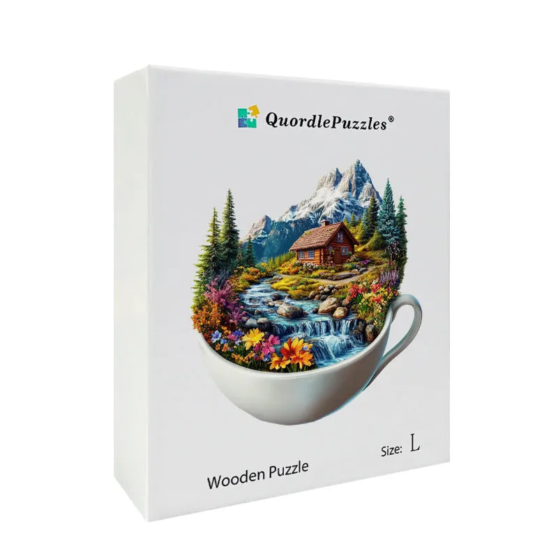 Mountain Cottage in a Cup Wooden Jigsaw Puzzle