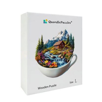 Mountain Cottage in a Cup Wooden Jigsaw Puzzle
