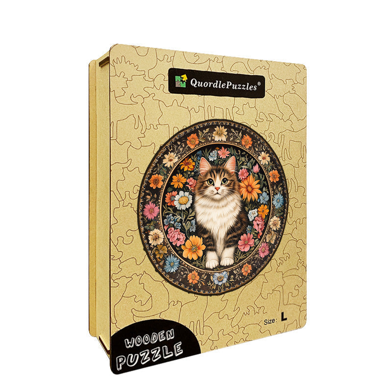 Floral Cat Plate Wooden Jigsaw Puzzle