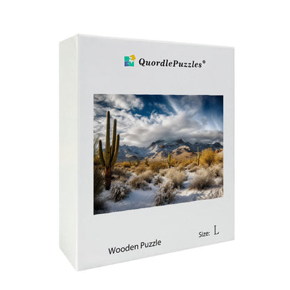Snowy Desert Mountains with Cacti Wooden Jigsaw Puzzle