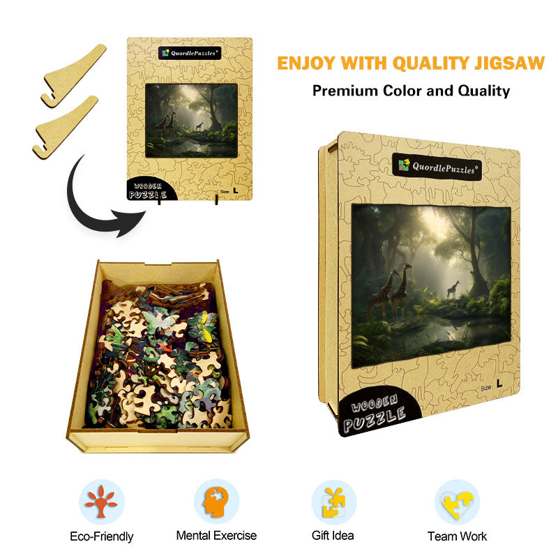 Giraffes in a Misty Jungle Wooden Jigsaw Puzzle