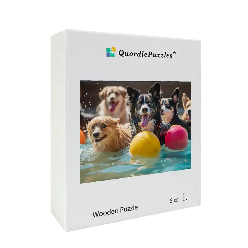 Playful Dogs in the Pool Wooden Jigsaw Puzzle